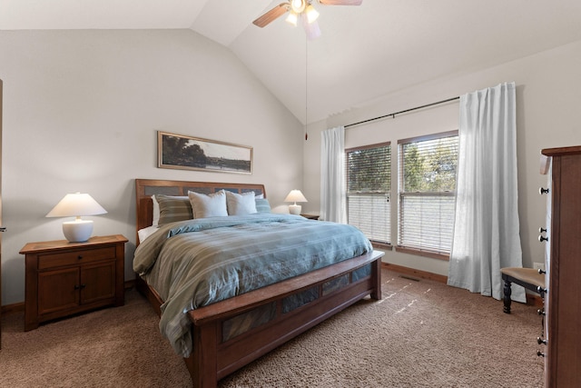 bedroom with ceiling fan, lofted ceiling, and carpet