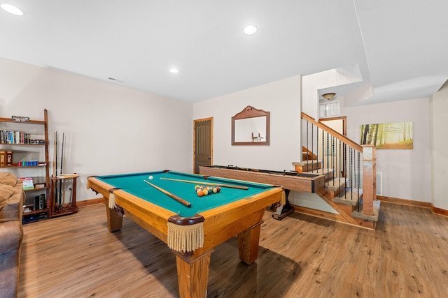 game room with billiards and light wood-type flooring