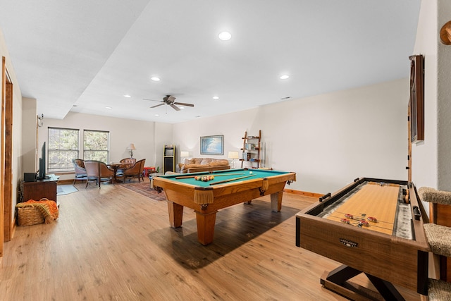 rec room with pool table, ceiling fan, and light hardwood / wood-style flooring