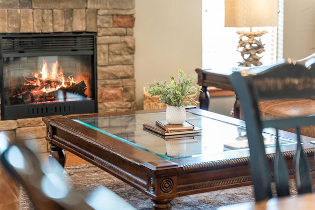 interior space with a stone fireplace