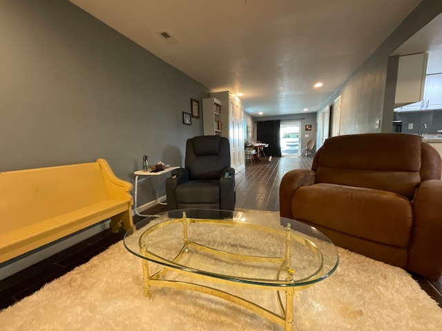 living room featuring sink and dark wood-type flooring