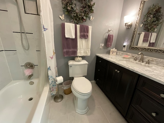 full bathroom featuring toilet, vanity, and shower / tub combo with curtain