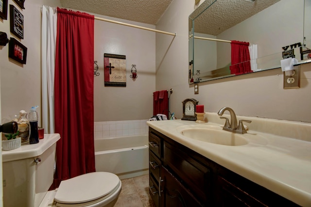 full bathroom featuring toilet, tile patterned floors, shower / tub combo with curtain, vanity, and a textured ceiling