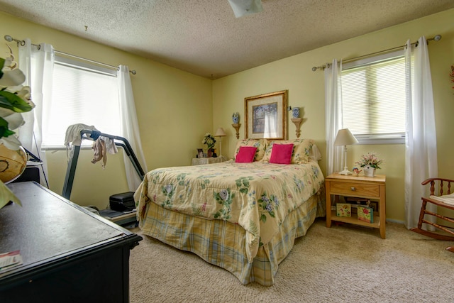 carpeted bedroom with a textured ceiling