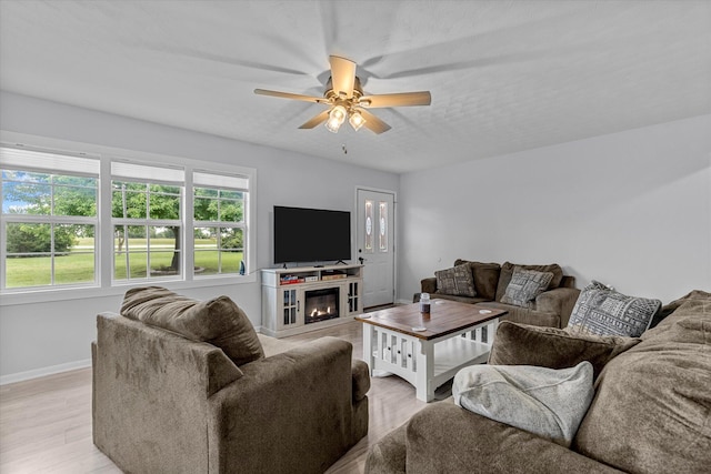 living room with ceiling fan and light hardwood / wood-style flooring