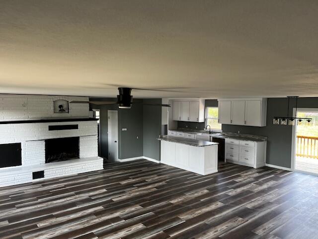 kitchen with sink, a fireplace, dark wood-type flooring, and white cabinetry