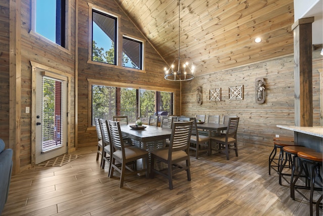 dining room featuring high vaulted ceiling, a wealth of natural light, wooden ceiling, and wooden walls