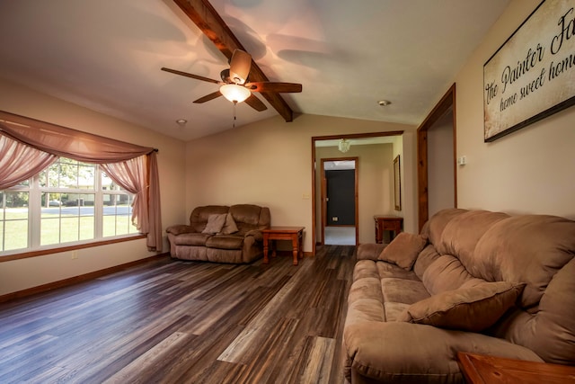 living room featuring lofted ceiling with beams, ceiling fan, and dark hardwood / wood-style floors