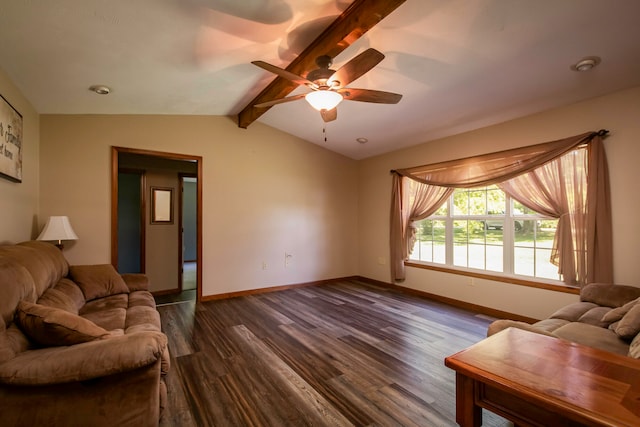 living room with ceiling fan, vaulted ceiling with beams, and dark hardwood / wood-style floors