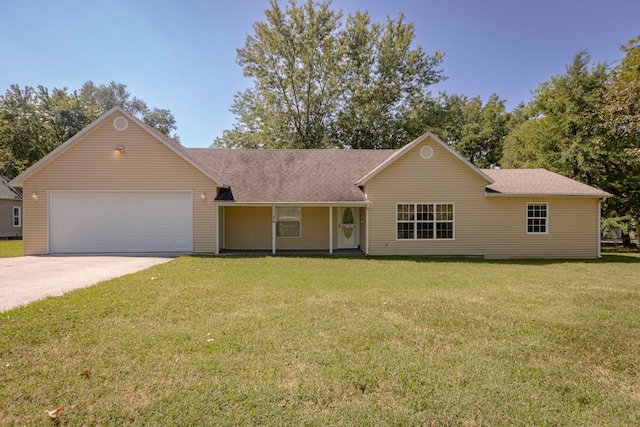 single story home with a front lawn and a garage