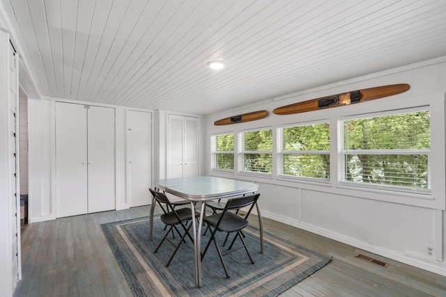 dining area with wood ceiling and dark hardwood / wood-style flooring