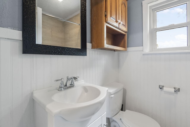 bathroom with vanity, toilet, and walk in shower