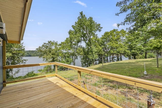 wooden deck featuring a water view and a yard