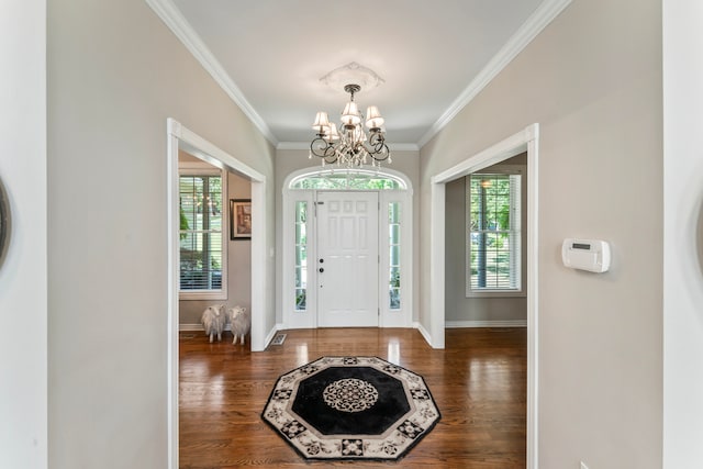 foyer featuring ornamental molding, an inviting chandelier, plenty of natural light, and dark wood-type flooring