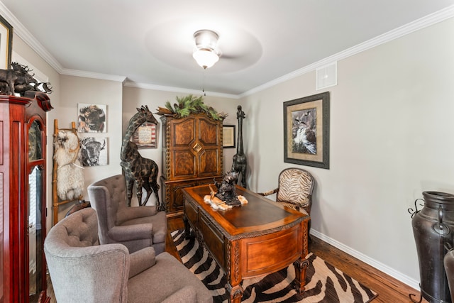 office with wood-type flooring, ornamental molding, and ceiling fan