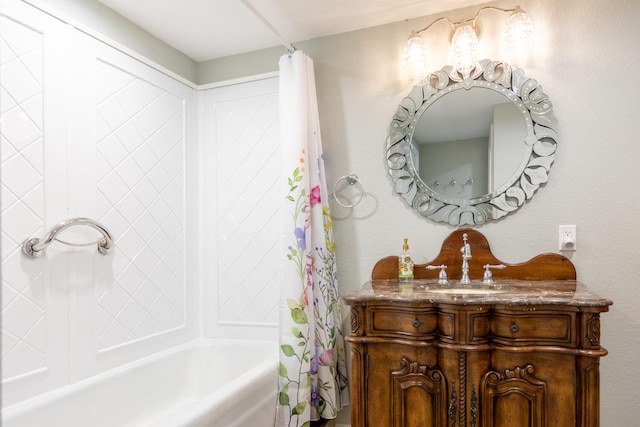 bathroom featuring shower / bathtub combination with curtain and vanity