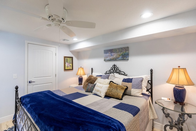 bedroom featuring ceiling fan, a closet, and wood-type flooring