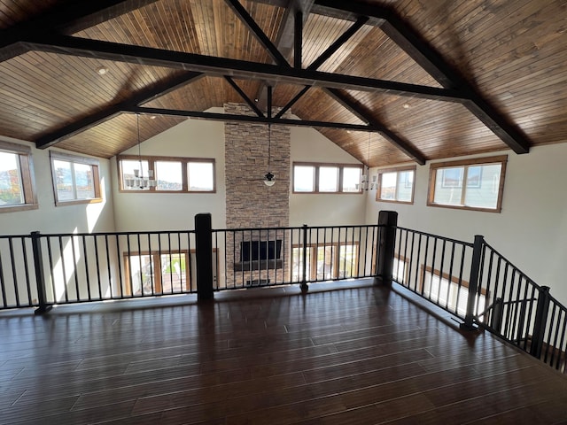 spare room with wood ceiling, plenty of natural light, dark hardwood / wood-style flooring, and high vaulted ceiling