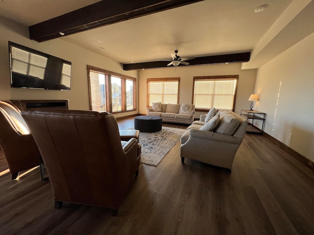 living room with beamed ceiling, dark hardwood / wood-style flooring, and ceiling fan