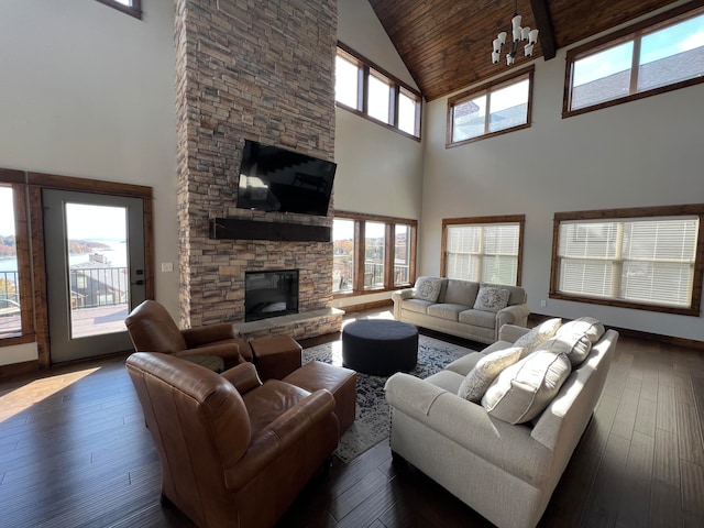 living room featuring high vaulted ceiling, a fireplace, wood ceiling, and dark hardwood / wood-style flooring