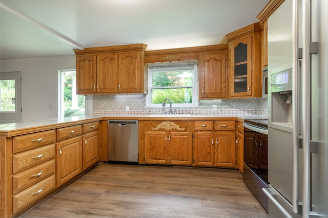 kitchen featuring light hardwood / wood-style floors, stainless steel appliances, plenty of natural light, and sink