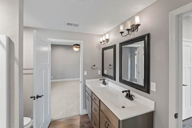 bathroom with vanity, toilet, and wood-type flooring