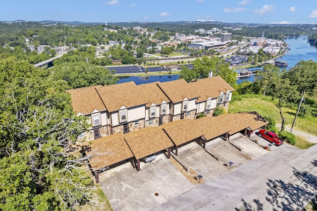 drone / aerial view with a water view