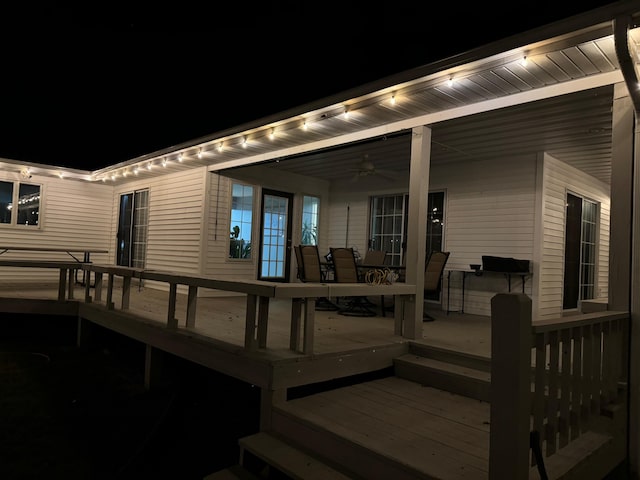 view of deck at night