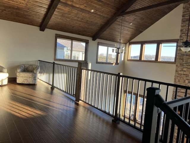 interior space featuring beamed ceiling, wooden ceiling, and dark hardwood / wood-style flooring