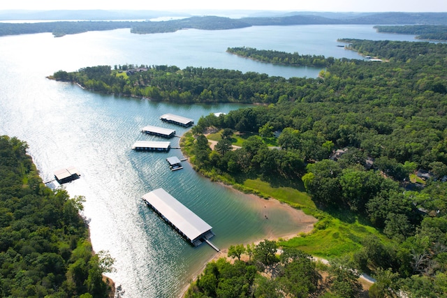 drone / aerial view with a water view