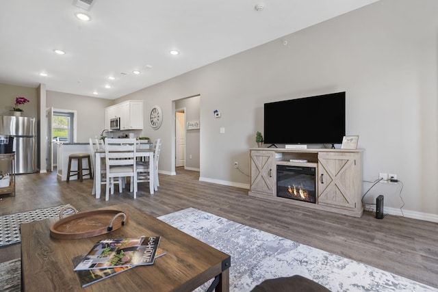 living room with dark hardwood / wood-style floors