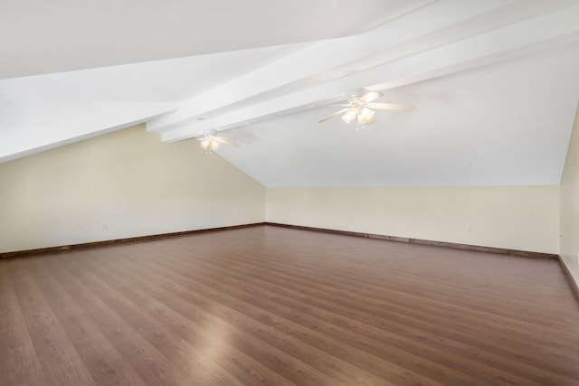 bonus room with ceiling fan, vaulted ceiling with beams, and hardwood / wood-style flooring