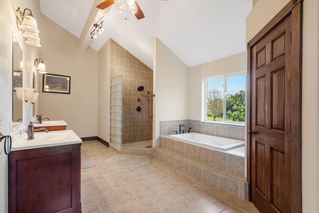 bathroom featuring independent shower and bath, vanity, vaulted ceiling, and ceiling fan