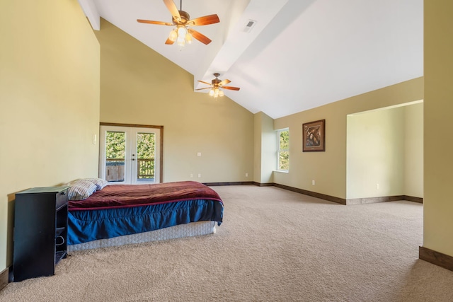 carpeted bedroom with access to exterior, high vaulted ceiling, ceiling fan, and beamed ceiling