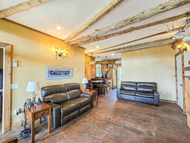 carpeted living room featuring beamed ceiling