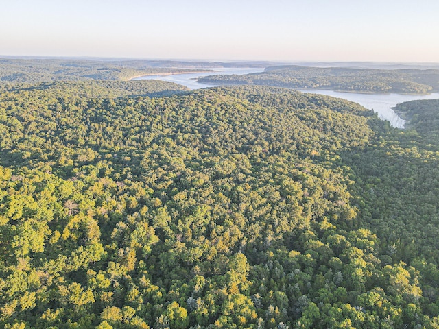 aerial view at dusk featuring a water view