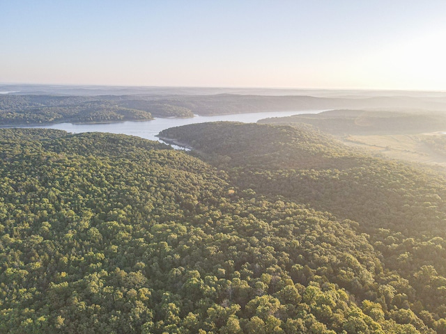 aerial view at dusk featuring a water view