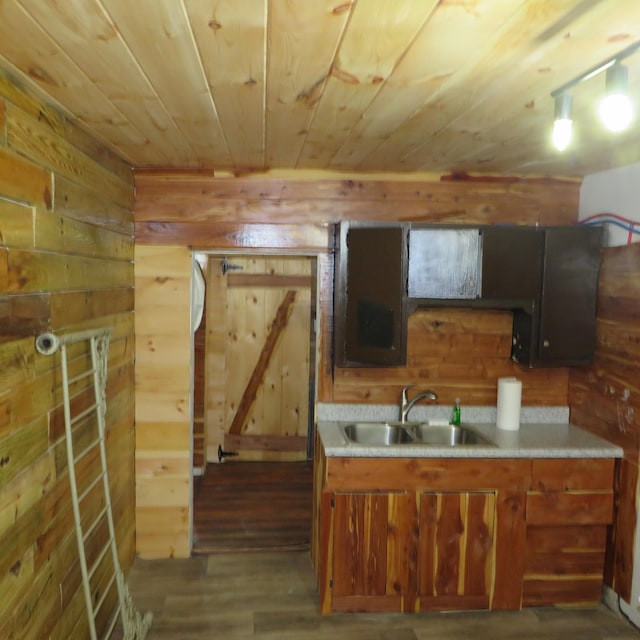 kitchen featuring wooden walls, wood ceiling, sink, and dark hardwood / wood-style flooring