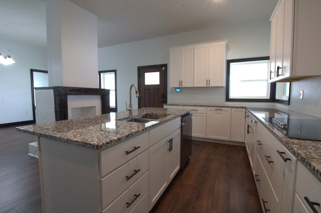 kitchen featuring an island with sink, sink, dark hardwood / wood-style floors, and white cabinets