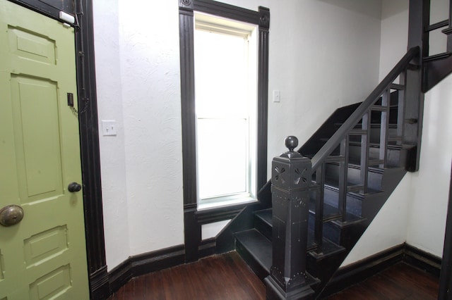 stairway with hardwood / wood-style flooring