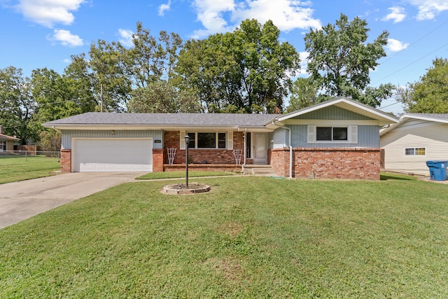 single story home featuring a garage and a front yard