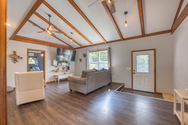 living room featuring dark hardwood / wood-style floors, vaulted ceiling with beams, and ceiling fan