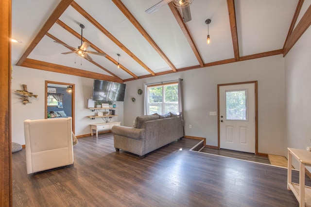 living room with lofted ceiling with beams, baseboards, a ceiling fan, and wood finished floors