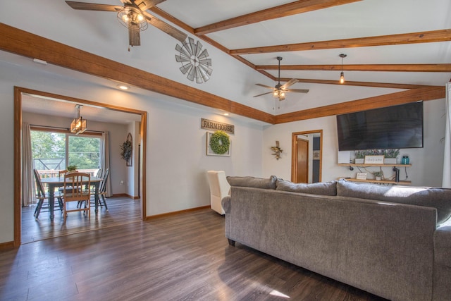 living area with a ceiling fan, baseboards, lofted ceiling with beams, and dark wood-style floors