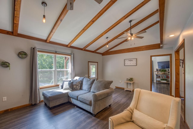 living area featuring high vaulted ceiling, ceiling fan, beamed ceiling, baseboards, and dark wood-type flooring