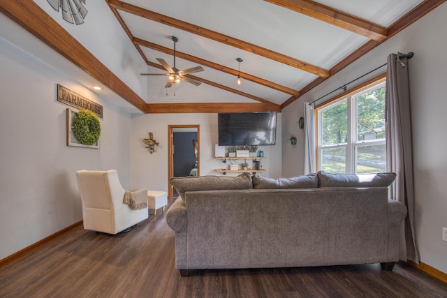 living area featuring dark wood-style floors, beam ceiling, baseboards, ceiling fan, and high vaulted ceiling