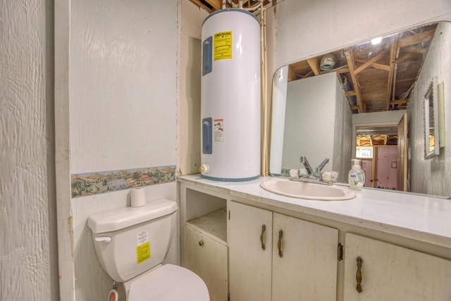 half bathroom with water heater, toilet, and vanity