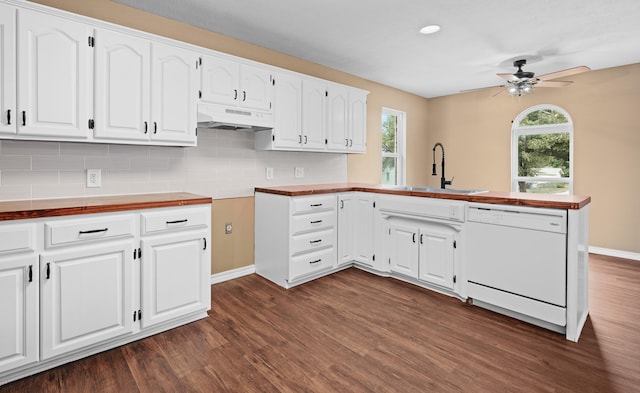 702 E Buffalo St, Bolivar, MO 65613 - kitchen with white dishwasher, dark wood-style floors, under cabinet range hood, and a peninsula