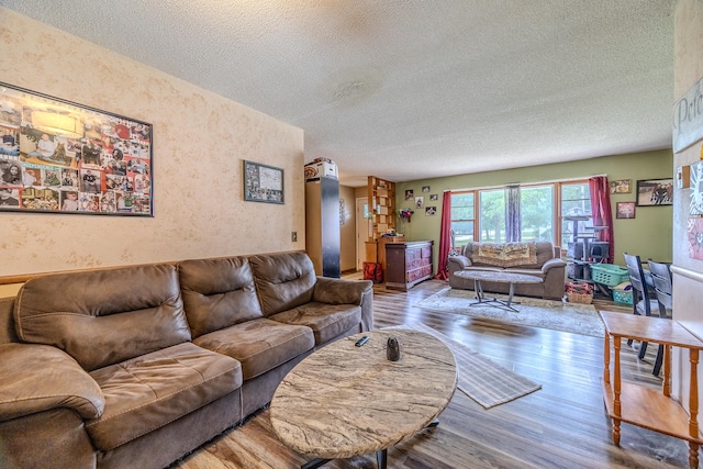 living room featuring hardwood / wood-style floors and a textured ceiling