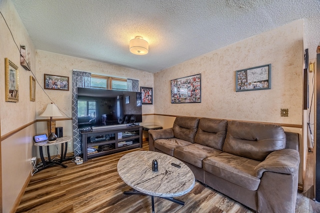 living room with a textured ceiling and hardwood / wood-style flooring